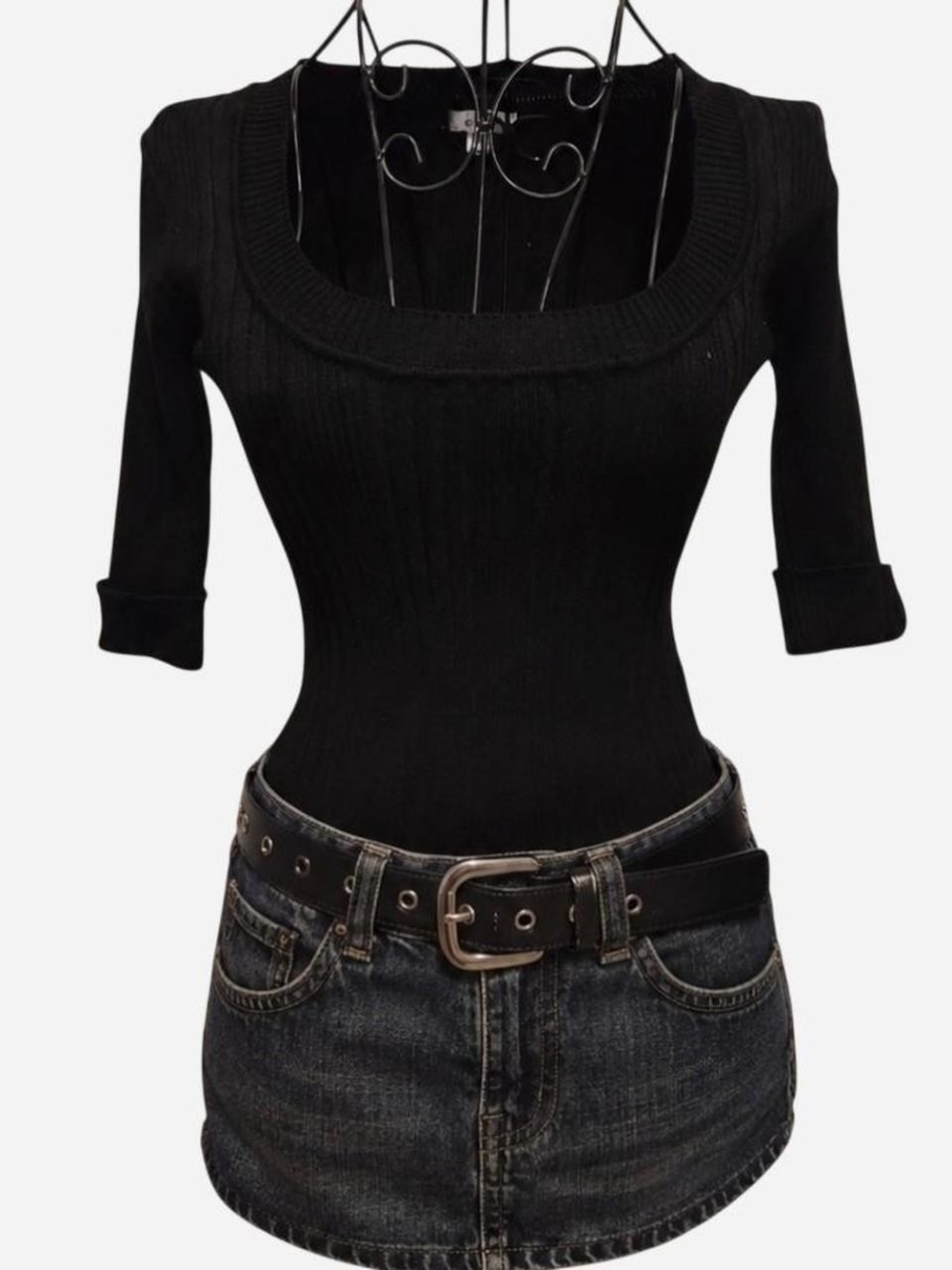 Grane Black Ribbed Scoop Neck Bodysuit